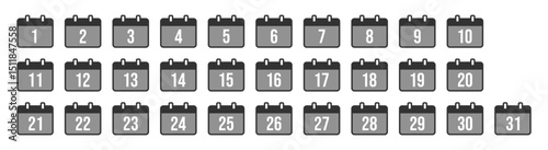 Every Day Calendar Icons Set. Modern Minimal Vector Design for All 31 Days on Transparent Background