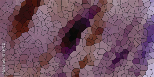 Abstract mosaic composition in shades of purple brown and black with geometric shapes and textured details