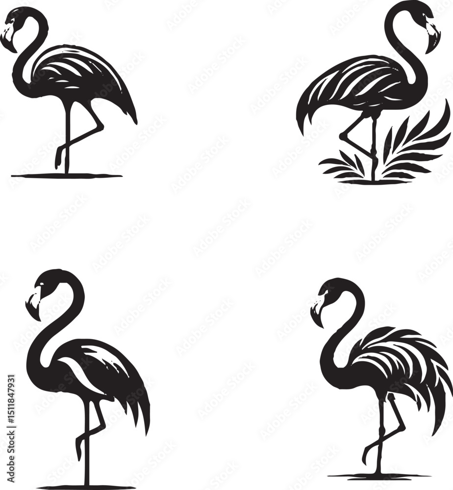 Obraz premium Black-and-White Stylized Flamingo Illustrations in Various Poses