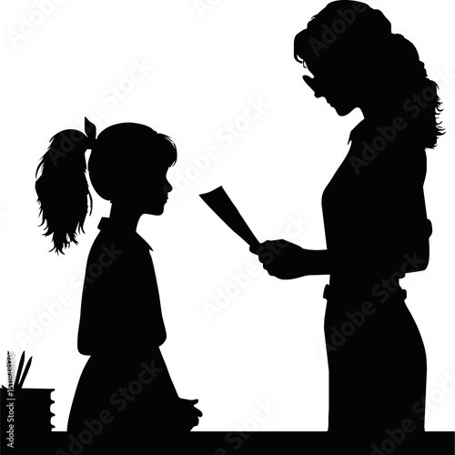 Silhouette of student receiving a report card from teacher vector isolated
on a white background