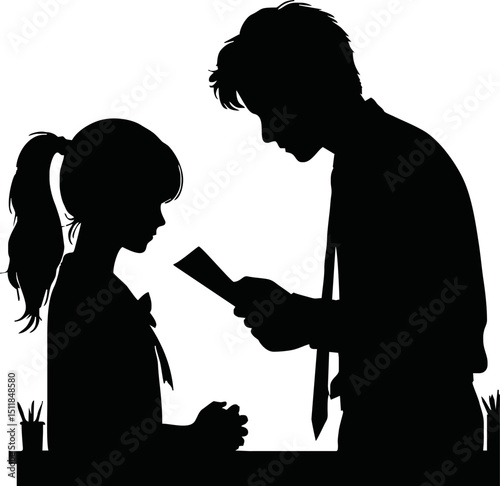 Silhouette of student receiving a report card from teacher vector isolated
on a white background