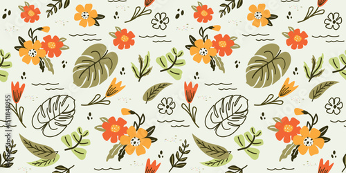 Tropical flowers, leaves. seamless summer pattern. modern abstract art, graphics, artistic leaves of the monster. for print, design, paper, business ideas. vector illustration.