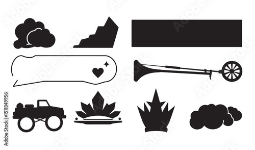 Collection of black and white silhouettes depicting diverse objects and iconic elements