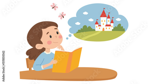 Cute little  girl sitting and reading a book at a table, girl and cloud with fantasy. Flat character vector illustration