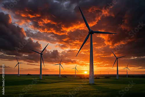 Wind turbines on green field with dramatic orange sunset and cloudy sky.