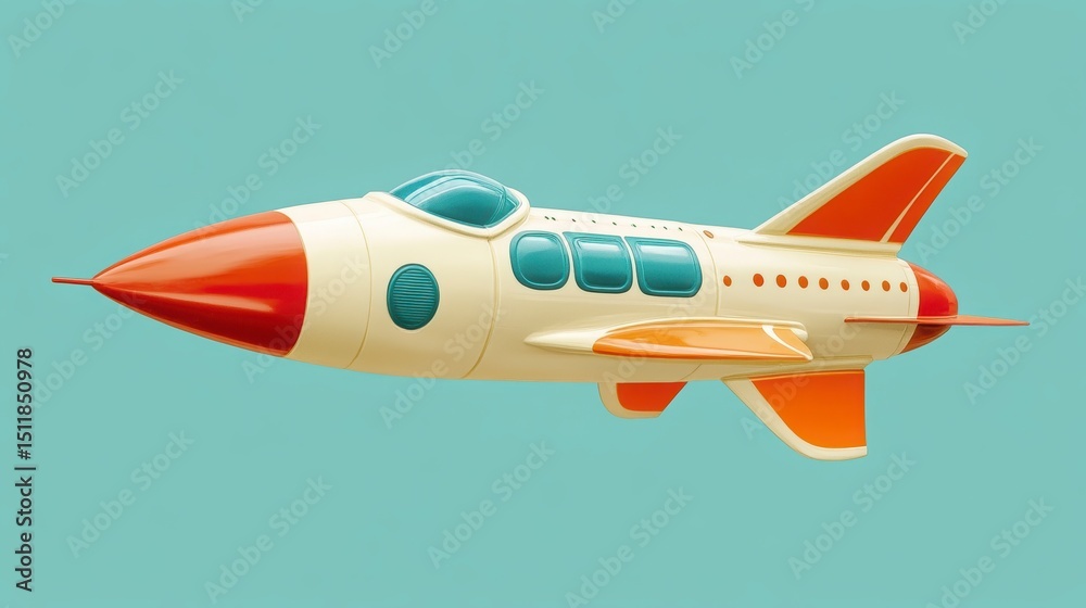 Fototapeta premium Retro Toy Rocket Ship with Orange Accents against a Clean Blue Background