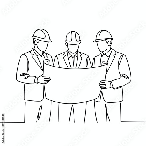 line art drawing of three engineers or architects wearing safety helmets, standing together while discussing a blueprint or floor plan, minimalist continuous line style 