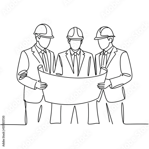 line art drawing of three engineers or architects wearing safety helmets, standing together while discussing a blueprint or floor plan, minimalist continuous line style 