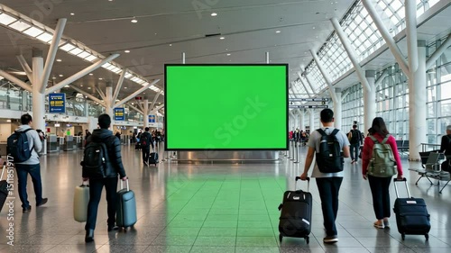 Airport scene with travelers and a large green screen billboard.
