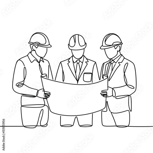 line art drawing of three engineers or architects wearing safety helmets, standing together while discussing a blueprint or floor plan, minimalist continuous line style 