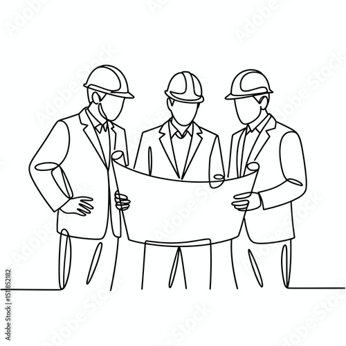 line art drawing of three engineers or architects wearing safety helmets, standing together while discussing a blueprint or floor plan, minimalist continuous line style 