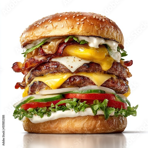 Delicious double cheeseburger with bacon lettuce tomato onion and sauce food photography style image
