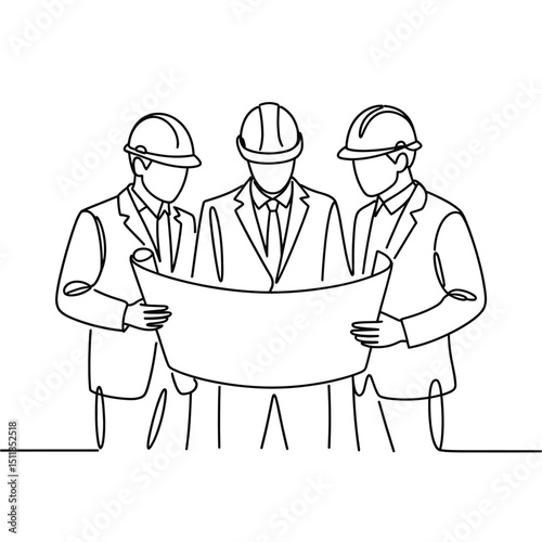 line art drawing of three engineers or architects wearing safety helmets, standing together while discussing a blueprint or floor plan, minimalist continuous line style 