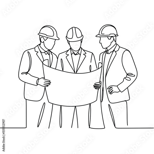 line art drawing of three engineers or architects wearing safety helmets, standing together while discussing a blueprint or floor plan, minimalist continuous line style 
