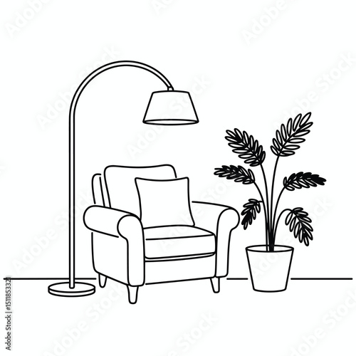  line art illustration of a cozy armchair with cushions, next to an arched floor lamp and a potted indoor plant, minimalist continuous line style, thin black lines, white background,