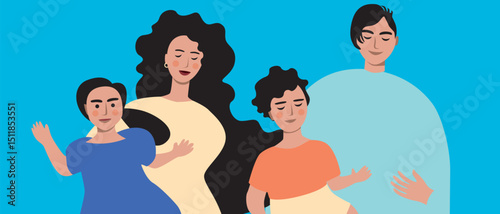 Family home and big happy family, flat vector stock illustration with grandma and grandpa, mom and dad and kids