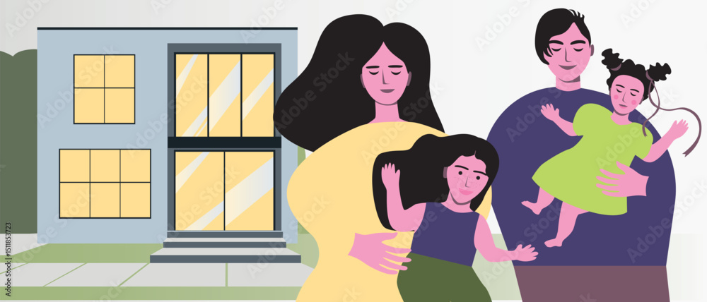 Obraz premium Family home with parents and baby girl, flat vector stock illustration with mom and dad
