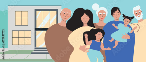 Family home and big happy family, flat vector stock illustration with grandma and grandpa, mom and dad and kids