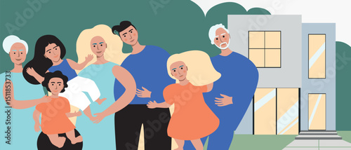 Family home and big happy family, flat vector stock illustration with grandma and grandpa, mom and dad and kids