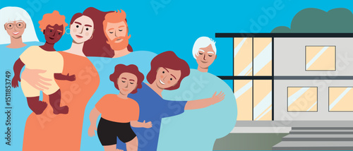Family home and big happy family, flat vector stock illustration with grandma and grandpa, mom and dad and kids