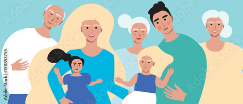 Family home and big happy family, flat vector stock illustration with grandma and grandpa, mom and dad and kids