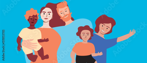 Family home and big happy family, flat vector stock illustration with grandma and grandpa, mom and dad and kids