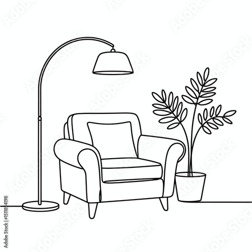  line art illustration of a cozy armchair with cushions, next to an arched floor lamp and a potted indoor plant, minimalist continuous line style, thin black lines, white background,