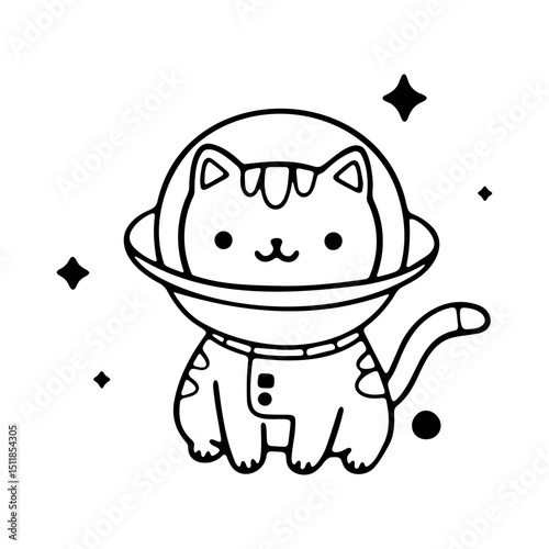 Illustration of a cute cat astronaut with a space helmet and stars floating around on a white background