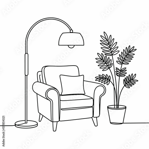  line art illustration of a cozy armchair with cushions, next to an arched floor lamp and a potted indoor plant, minimalist continuous line style, thin black lines, white background,