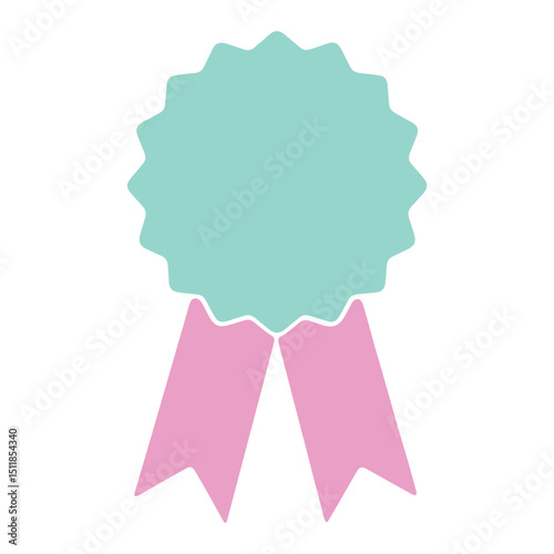 Illustration of a teal rosette award with pink ribbons hanging below on a plain white background
