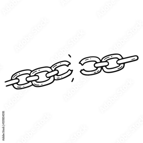 A hand drawn illustration of a broken chain with a gap in the middle on a white plain background image