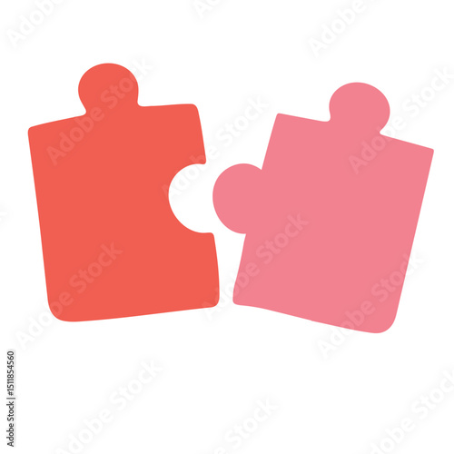 Two puzzle pieces in red and pink colors are shown slightly apart on a white background image here