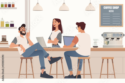 Flat vector illustration of a diverse business team working remotely at a coffee shop with laptops
