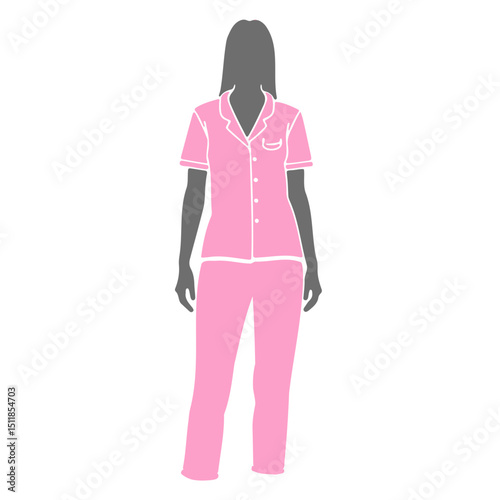 A woman silhouette wearing a pink pajama set with short sleeves and long pants standing upright pose