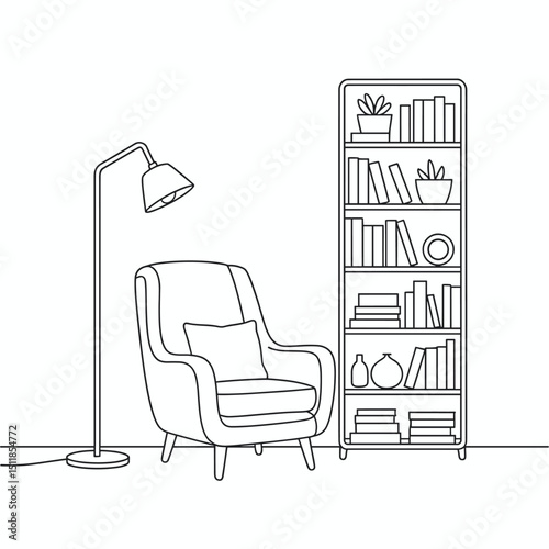 line art illustration of a modern reading corner with a stylish chair, standing floor lamp, and a tall bookshelf filled with books and decorative items, minimalist interior design,