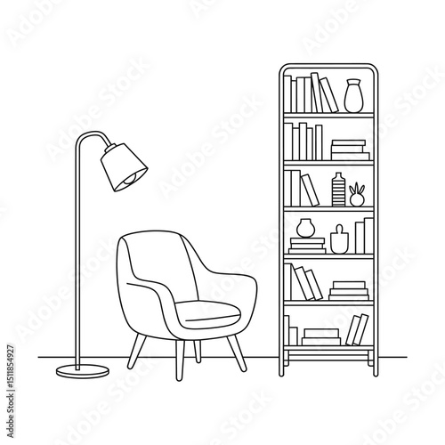 line art illustration of a modern reading corner with a stylish chair, standing floor lamp, and a tall bookshelf filled with books and decorative items, minimalist interior design,
