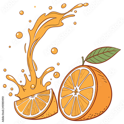 Realistic orange splash and fruit with leaf