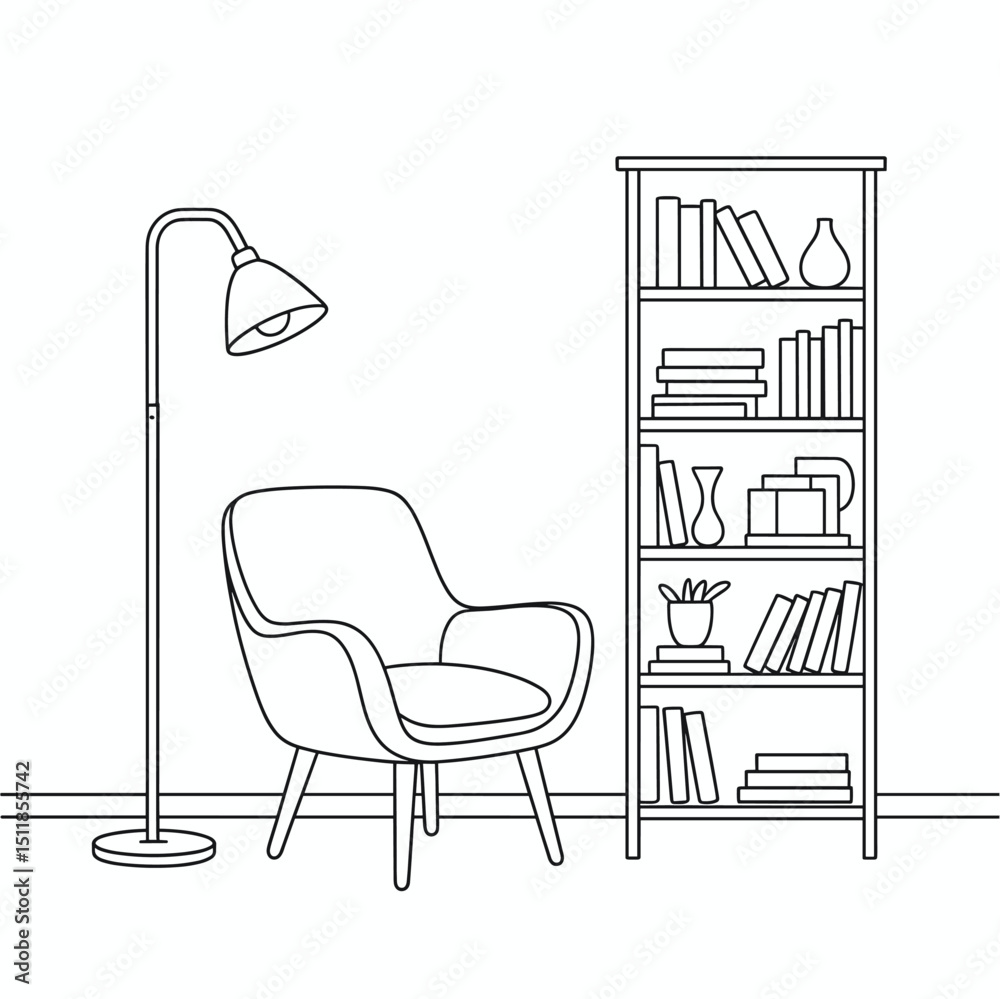 line art illustration of a modern reading corner with a stylish chair, standing floor lamp, and a tall bookshelf filled with books and decorative items, minimalist interior design, line art illustration of a modern reading corner with a stylish chair, standing floor lamp, and a tall bookshelf filled with books and decorative items, minimalist interior design,