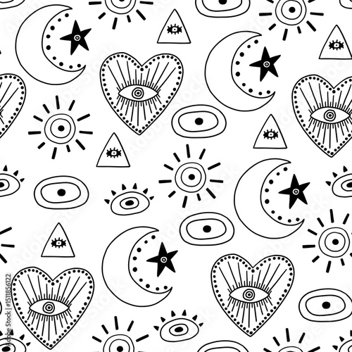 Black line abstract turkish evil eye seamless pattern. Greek magic astrology design. Vector background
