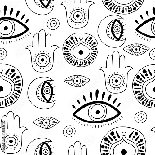Doodle abstract turkish evil eye seamless pattern. Greek magic astrology design. Vector background