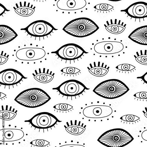 Doodle magic turkish evil eye seamless pattern. Greek magic astrology design. Vector background