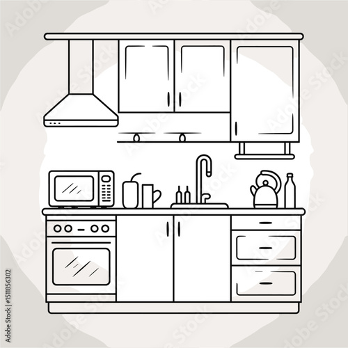 line art of a kitchen countertop with cabinets, microwave, sink, kettle, and bottle, drawn with clean black lines, simple and minimal style on white background, 