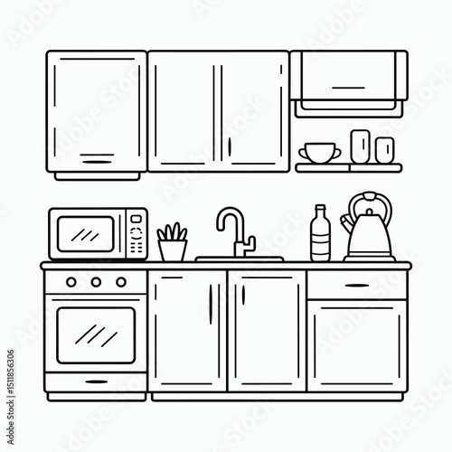 line art of a kitchen countertop with cabinets, microwave, sink, kettle, and bottle, drawn with clean black lines, simple and minimal style on white background, 