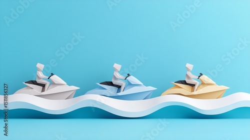Jet Skiers in Artistic Sea: Three stylized individuals ride vibrant jet skis across a cerulean expanse, their journey unfolding against an artistic backdrop of oceanic waves.