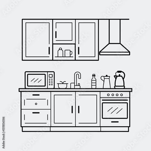 line art of a kitchen countertop with cabinets, microwave, sink, kettle, and bottle, drawn with clean black lines, simple and minimal style on white background, 
