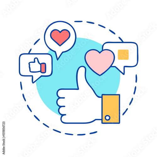 Hand with heart thumbs up and comment icons 