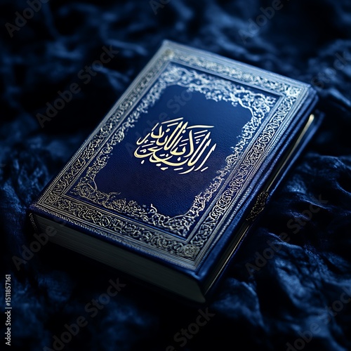 Close-up of a dark blue book with gold lettering.