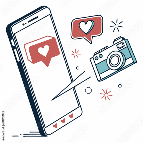 Vector illustration of a smartphone with social media icons and a camera, symbolizing connectivity and digital expression