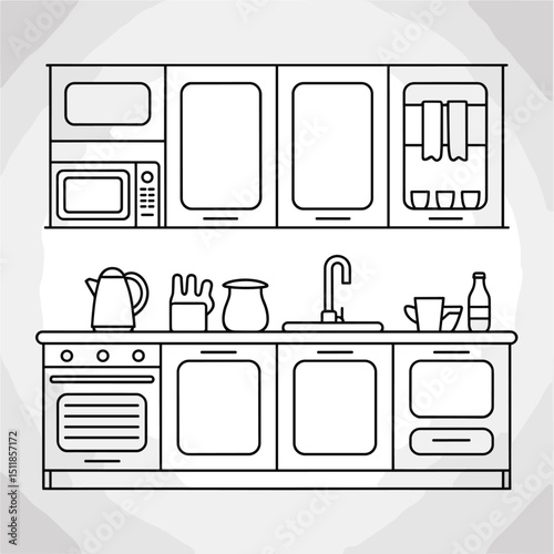 line art of a kitchen countertop with cabinets, microwave, sink, kettle, and bottle, drawn with clean black lines, simple and minimal style on white background, 