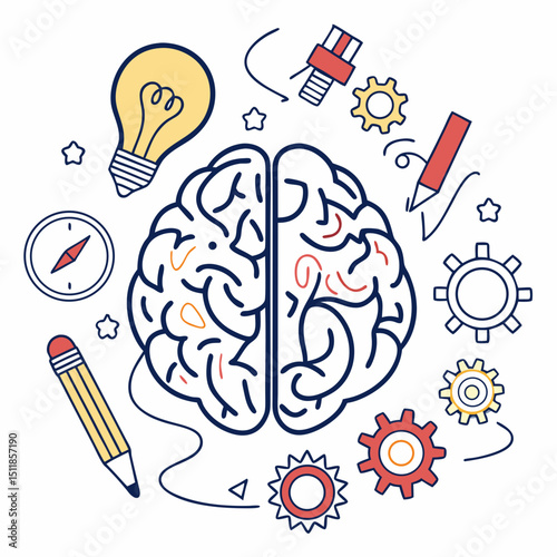 Vector illustration of a brain surrounded by creative tools and ideas, representing intelligence and innovation